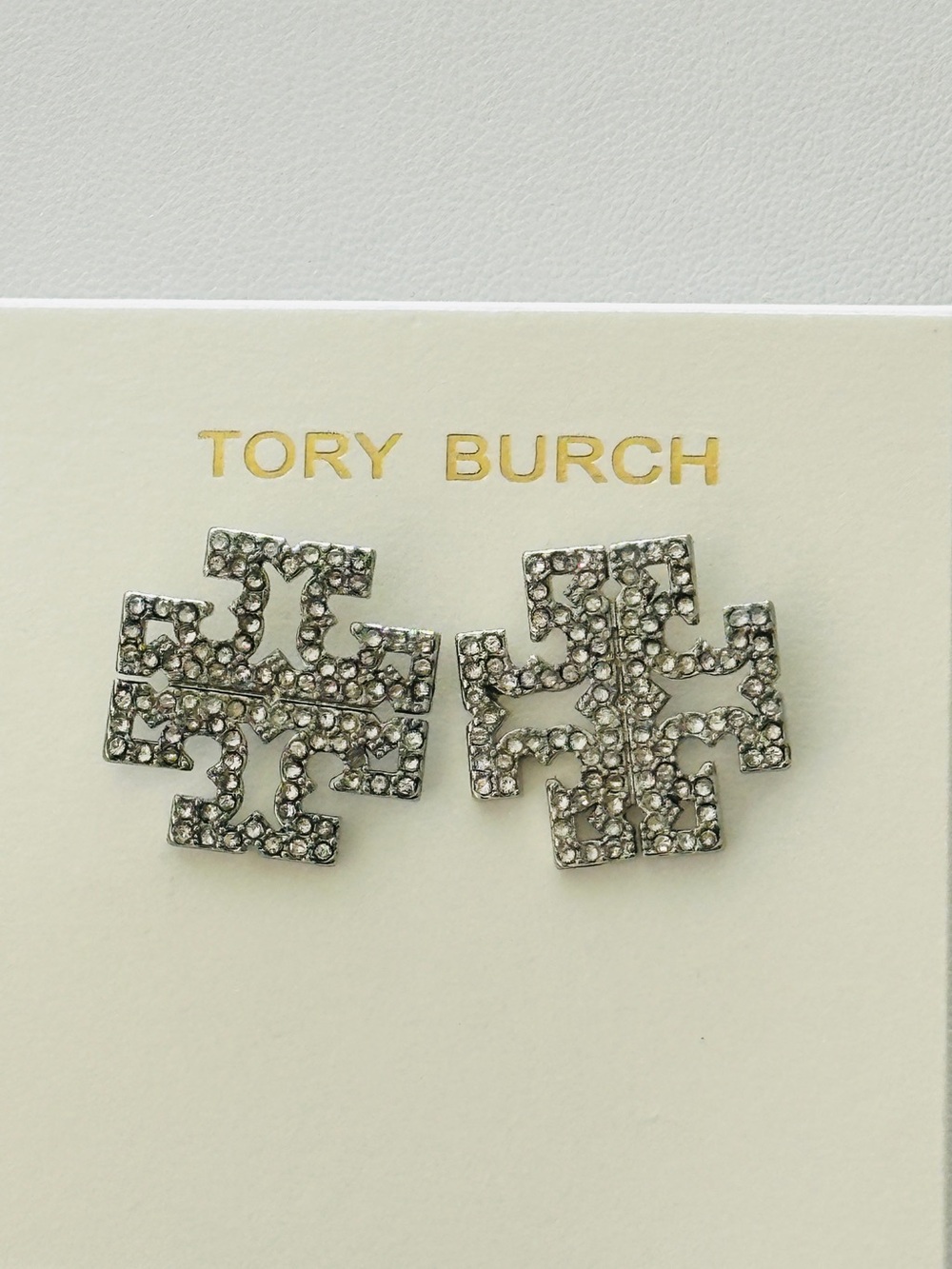 Tory Burch Silver Crystal Logo Earrings Studs